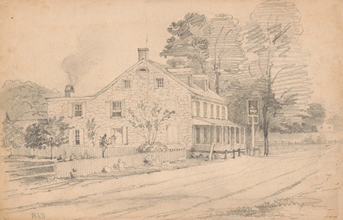 Stone tavern on a dirt road, smoke coming out of chimney at rear of building, sign at front shows a bird riding on the back of an animal