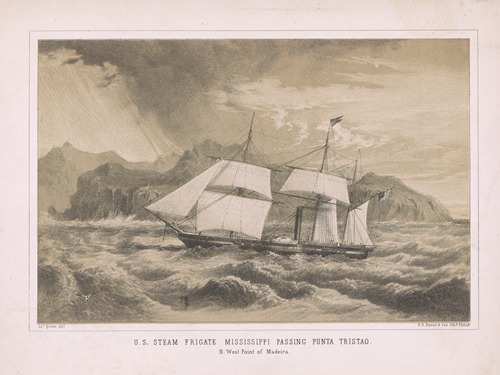 U.S. steam frigate Mississippi passing Punta Tristao. N. west point of Madeira