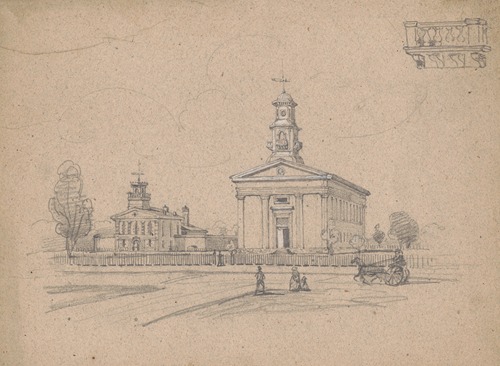 Unidentified church next to a Greek revival home on a city street with fence and pedestrians