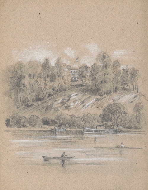 View from the Schuylkill River looking up toward a mansion, possibly Lemon Hill in Philadelphia, Pennsylvania
