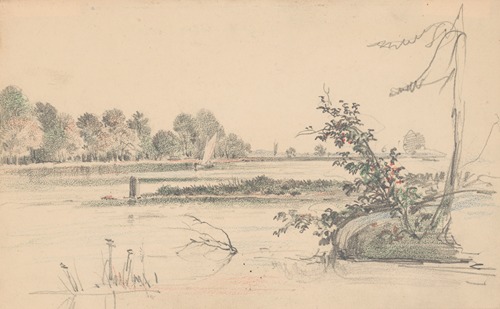 Waterscape showing the shore of the Delaware River and a sailboat at center