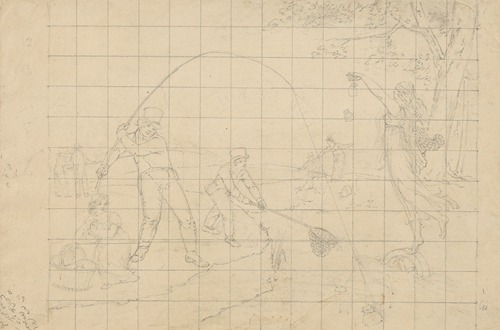 Allegorical scene in which goddesses offer packets to fisherman, who eagerly use their lines and nets to catch them
