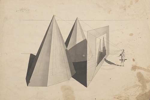 Architectural perspective drawing with shapes at left and man standing at right