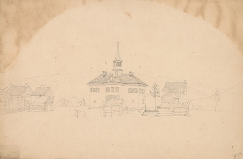 Building with a cupola, perhaps residential, besides log buildings, perhaps quarters for enslaved workers