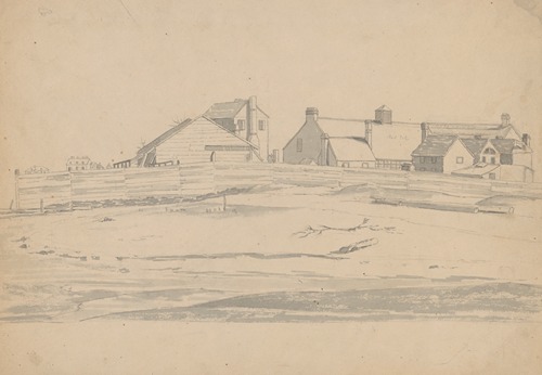 Factory compound as seen from the seashore, perhaps related to Ipswich, Massachusetts