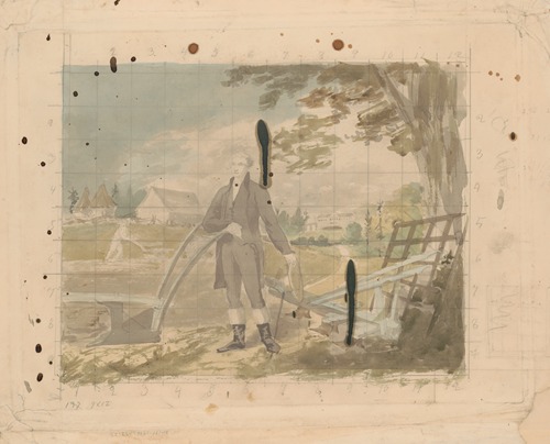 George Washington standing at a plow, with Mount Vernon in the background