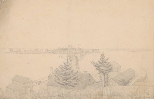 Governor’s Island as seen from the hills over Pierpont’s [i.e. Hezekiah B. Pierrepont] mill and distillery, Brooklyn