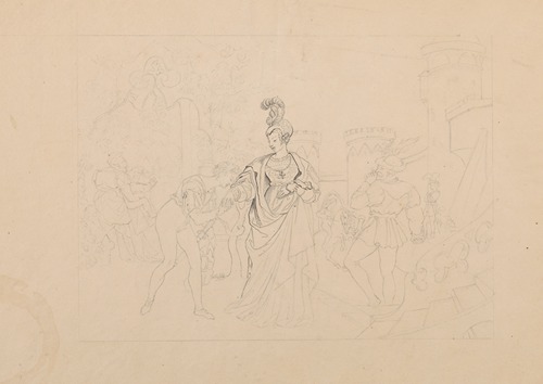 Historical illustration showing a courtier kissing the hand of a lady in a castle courtyard