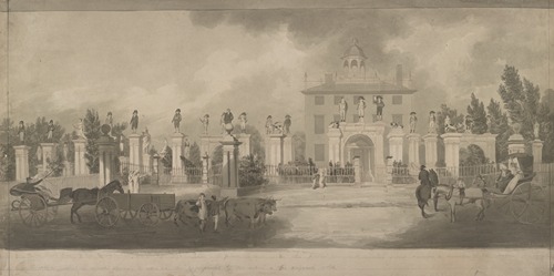 Home of Lord Timothy Dexter, Newburyport, Massachusetts with wooden statues on pillars and passersby enjoying the view
