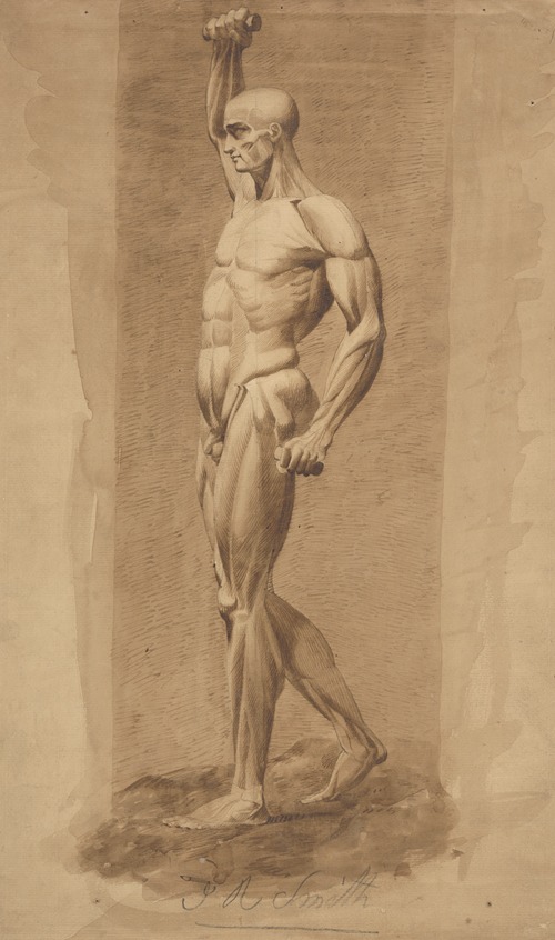 Male figure, nude, hands clutching batons, right arm upraised, seen from side
