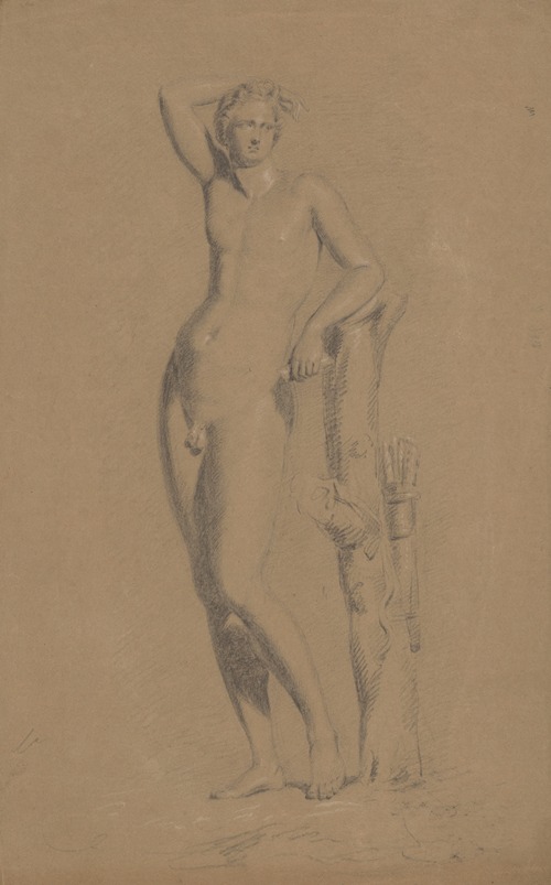 Male figure, right arm upraised, leaning against tree trunk, seen from the front