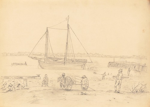 Packet boat grounded for tarring beside wharf–Men and wagon in foreground