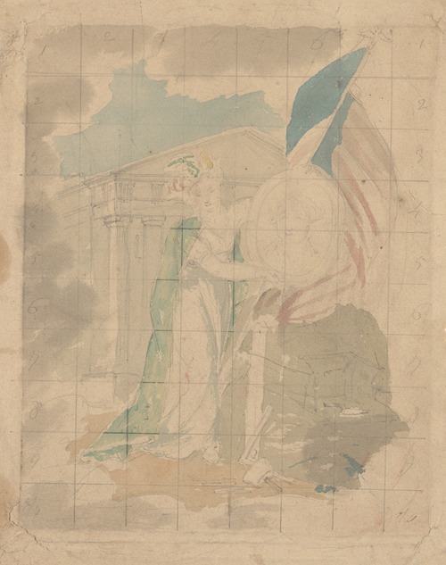 Patriotic allegory with female figure standing before Greek temple holding shield bearing Washington portrait