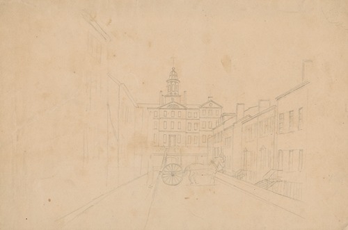 Residential street scene in unidentified city, with public building with steeple on hill in background and horse and cart or wagon in foreground