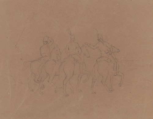Sketch of cavalry on horseback, seen from the side and rear, horses facing right. Includes a horse without a rider
