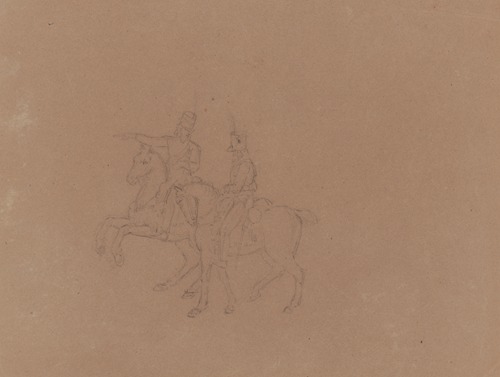 Sketch of cavalry on horseback, seen from the side, horses facing left. Soldier at left gesturing left, arm extended