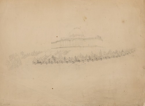Southwest view of the U.S. Capitol building with cast-iron fence. Preliminary drawing