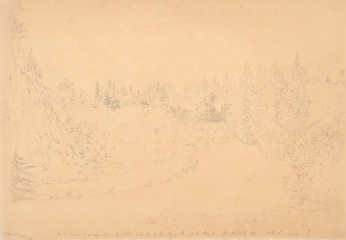 The embankment on upper basin, the ladder conducting to the top of the rocks that form the bed of the river