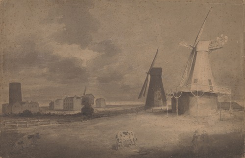 Two men conversing in a field, windmills, buildings, and a body of water beyond