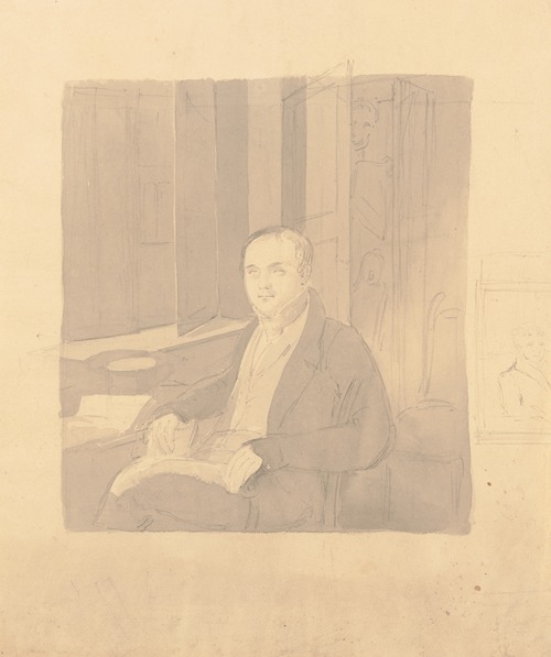 Unfinished three-quarter portrait of a physician, seated at a desk with a skeleton in the closet behind him