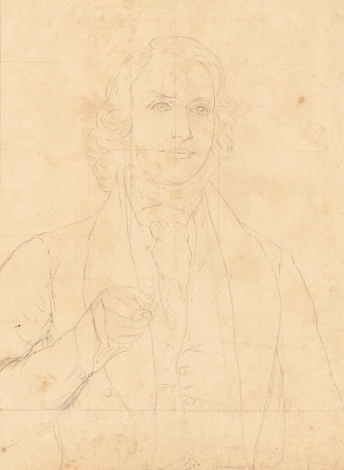 Unidentified half-length portrait of a man with wavy hair and a beard, wearing a cravat, and gesturing forward