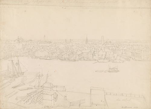 View of the center part of the city of Baltimore, as seen from Federal Hill comprising scarce one quarter of its buildings, 1828