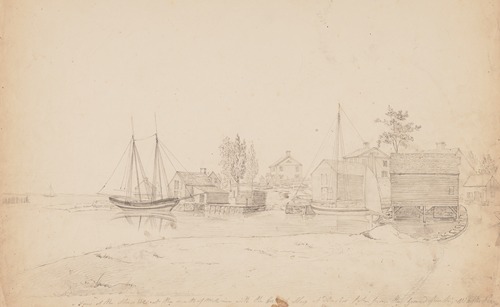 View of the stores at the mouth of the Mill River with the English sloop at anchor taken from the ground Walter Perrys