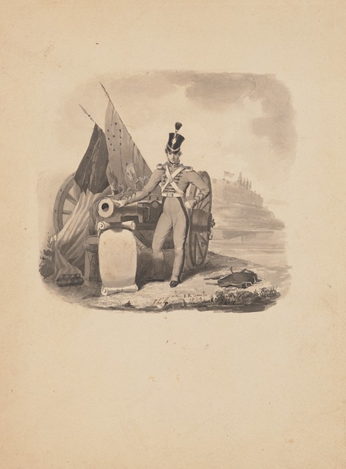 Vignette of a soldier leaning on ordnance with fortifications in distant background