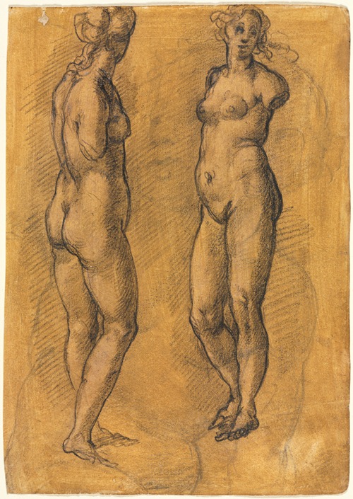 Antique Statue of a Standing Woman (two views), over a Sketch of a Putto