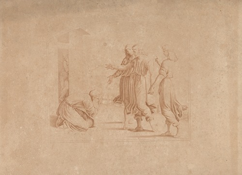 Abraham kneels before the angels