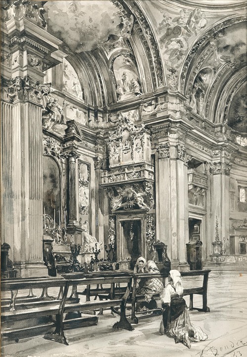 The church nave of Il Gesù in Rome with women in prayer
