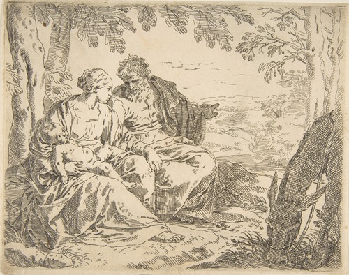 Rest on the flight into Egypt, Mary holding the infant Christ while St. Joseph points into the distance