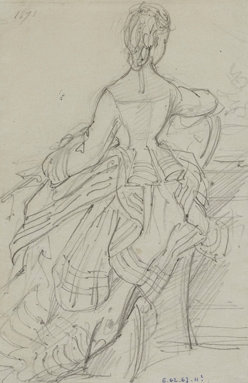 Femme assise de dos avec robe à tournure