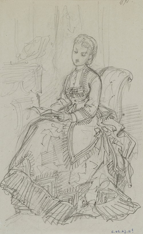 Femme en robe à volants, assise et lisant près d’une cheminée