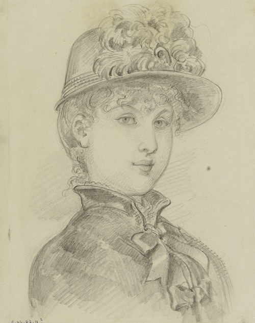 Portrait de femme de trois-quarts avec petit chapeau de plumes et veste à col haut et noeuds sur le devant