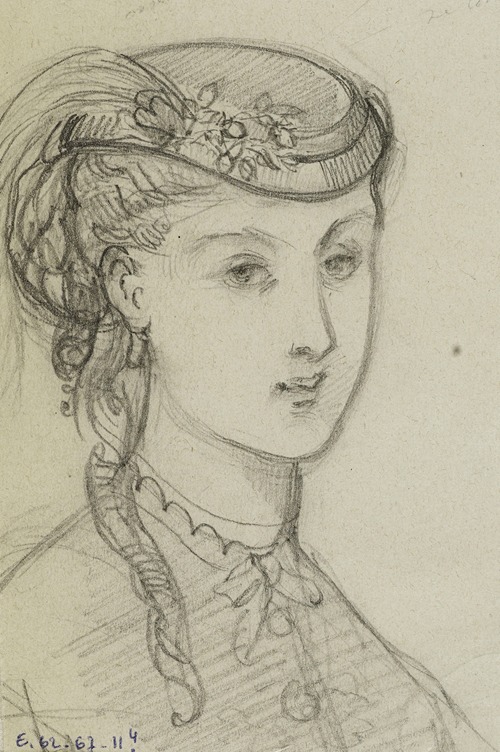 Tête de femme coiffée d’un petit chapeau agrémenté d’une plume
