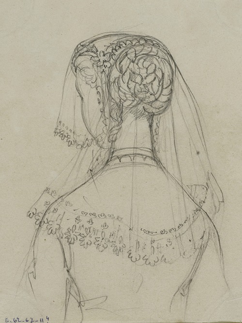 Tête féminine de dos avec voile brodé
