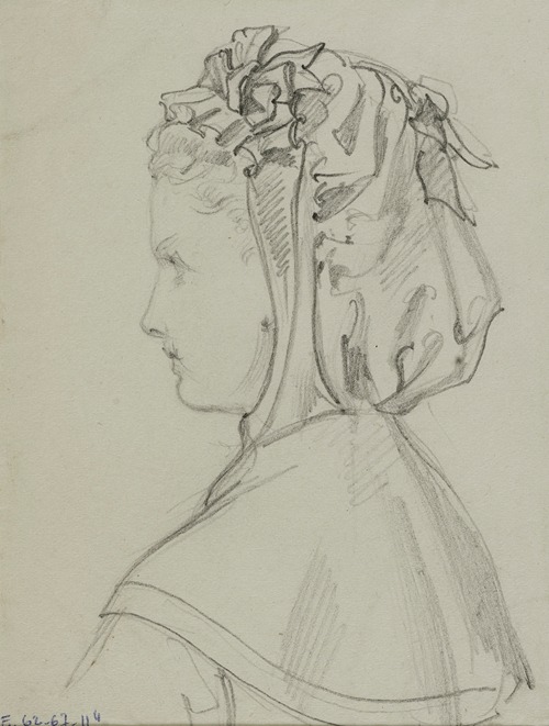 Tête féminine de profil avec bonnet à volants