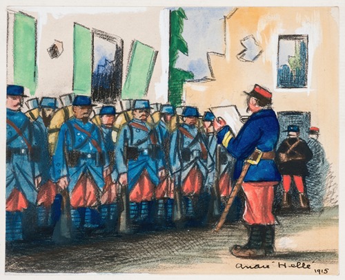 Régiment de Poilu dans un bâtiment en ruines, face à leur supérieur
