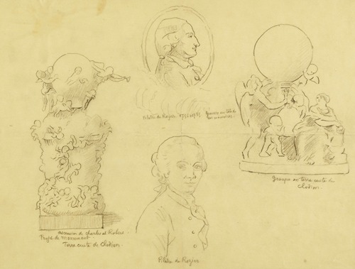 Feuille d’études avec deux portraits de Pilatre de Rozier et deux terres cuites de Clodion