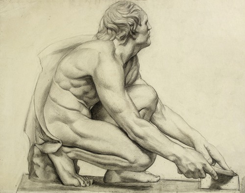 Homme nu acccroupi, de profil vers la droite, le visage de trois-quarts caché