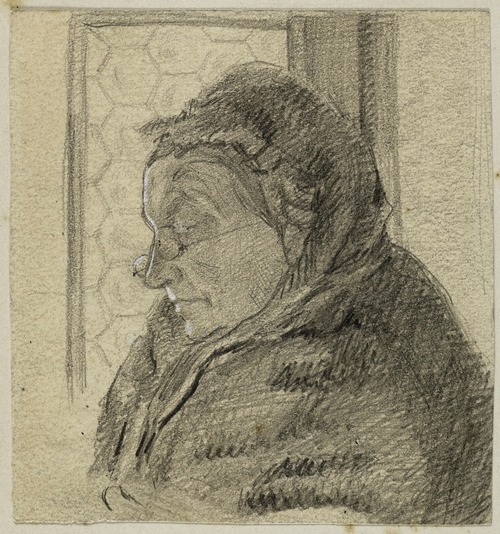 Portrait de femme âgée devant une fenêtre, de profil vers la gauche