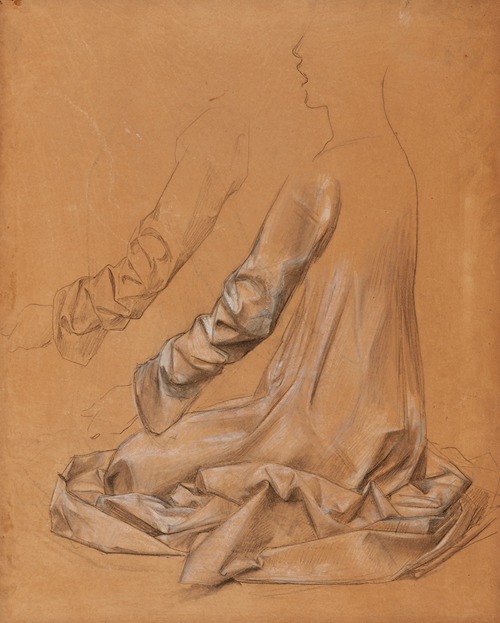 Etude de drapé sur un personnage de trois-quarts de dos, en tailleur, et étude d’une manche
