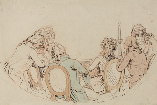 Three women and four men in opera box watching performance, viewed from behind