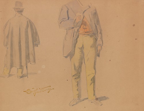 Studienblatt mit stehendem Mann von vorn und hinten (Mantelstudie)