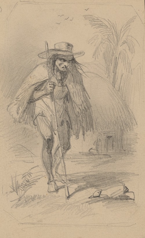 Peasant carrying staff, wearing large hat and short cape, thatch hut in background