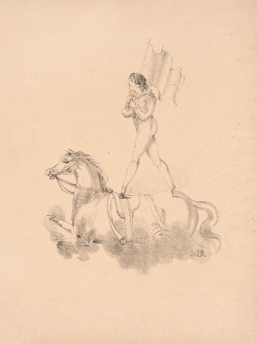 Adolphe Franconi standing on the back of a horse, facing left, legs spread