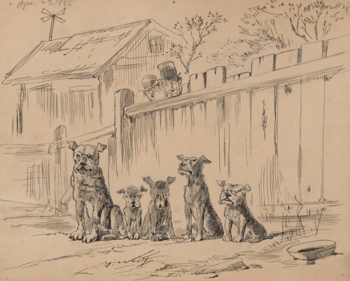 Two men look over fence at group of rather mean-looking dogs