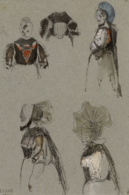Cinq études de costumes féminins (profil et face)