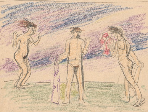 Three naked figures, sketch for the composition “The Fight”, on both sides